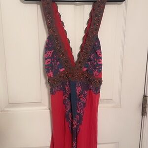 Y2K Free People Red and Pink Beaded Lace Trim Tunic Dress